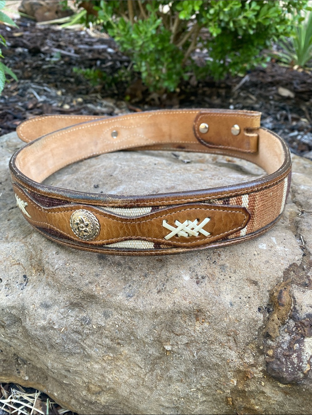 Leather Men’s Belt with Brown and Tan Striped Inlay fabric & silver conchos